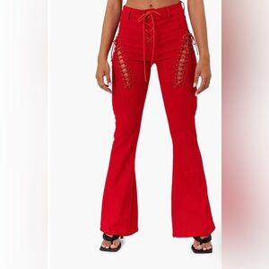 Edikted : Engine Red Lace-Up High Waist Flare Jeans